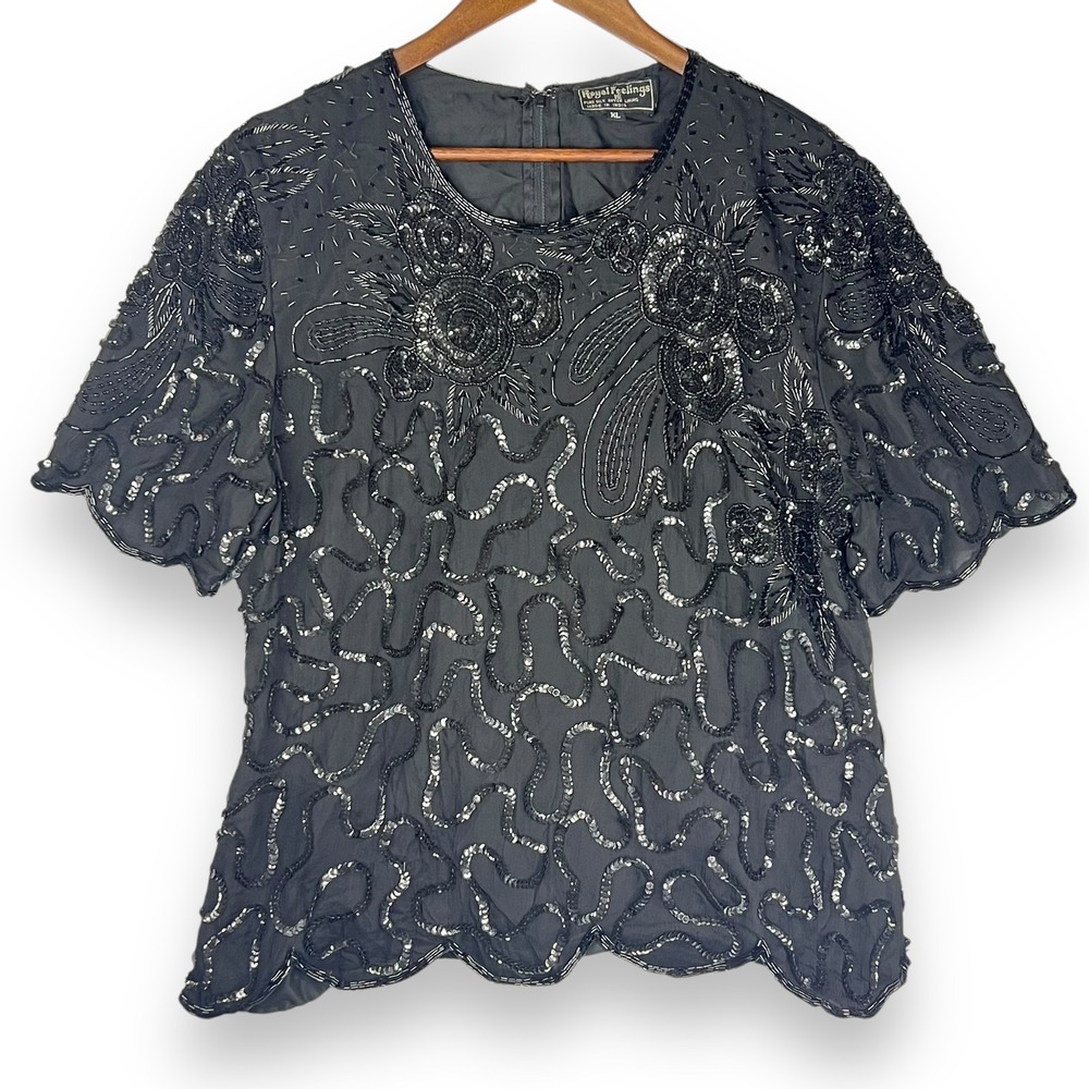 Vintage Royal Feelings 100% Silk Beaded Sequin Top Floral Blouse‎ Black Party XL